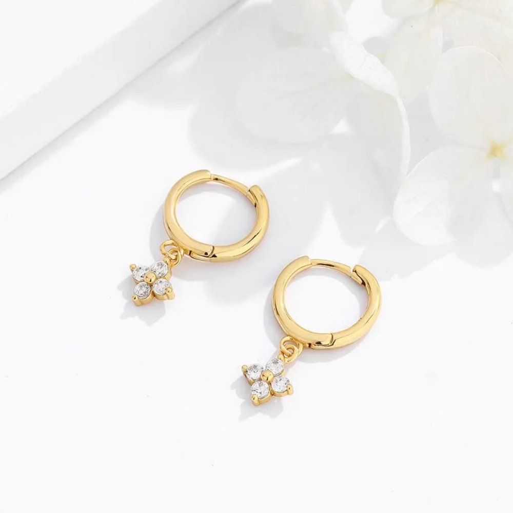 Crystal Flower Pendant Charm Hoop Earring in Gold - Picture 3 of 11